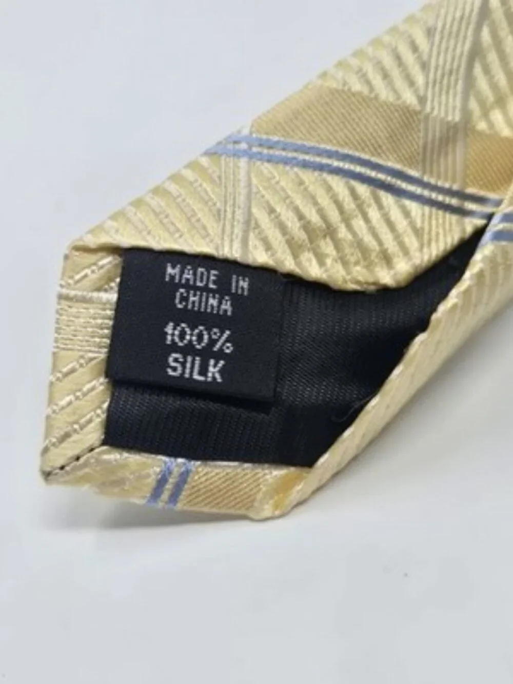Jones New York 100% Silk Yellow Gold Blue Plaid Stripe Geometric Pattern Tie